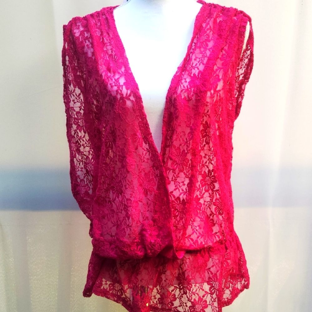 Elegant Fushia Floral Barbiecore Lace Whimsy Fairycore Wrap Sheer Top - Pink